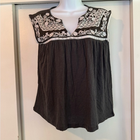 Lucky Brand Tops - Lucky Brand Black Short Sleeve with White Embroidery New